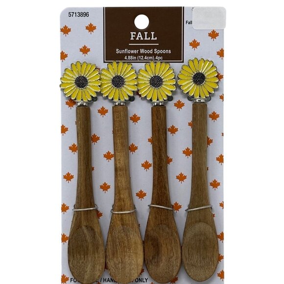 Sunflower Mini Wood Spoon Set Of 4 Fall  Autumn Country Farmhouse Modern Holiday - Picture 2 of 7